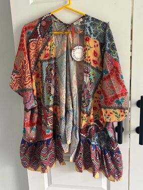 Umgee Multicolor Patchwork Open-Front Kimono Jacket - Red, Yellow, Blue, Purple